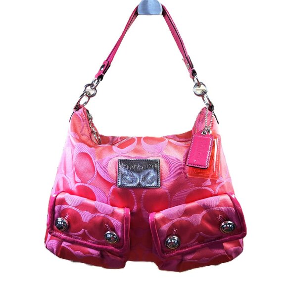 Rare Coach Poppy Pink & Coral Signature Handbag tote Purse
